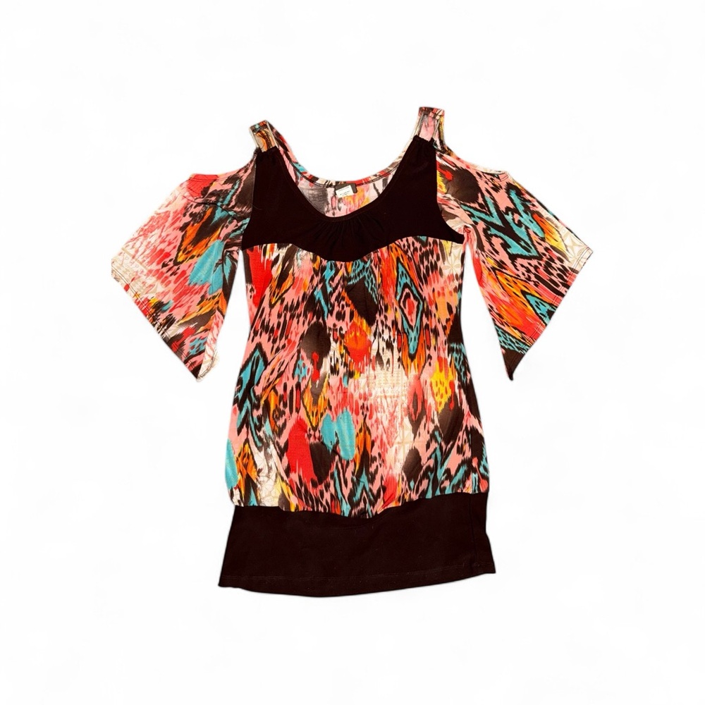 Y2K Siren Lily Boho Multicolor Cold Shoulder Blouse Medium